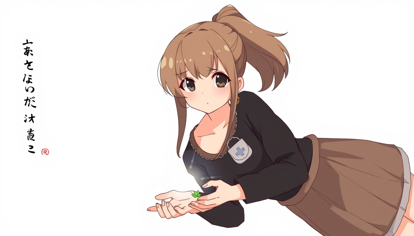 Main art studio: anime girl, calm and gentle expression, soft round facial features, long brown hair in a ponytail, black eyes, cute but mature look, wearing a black t