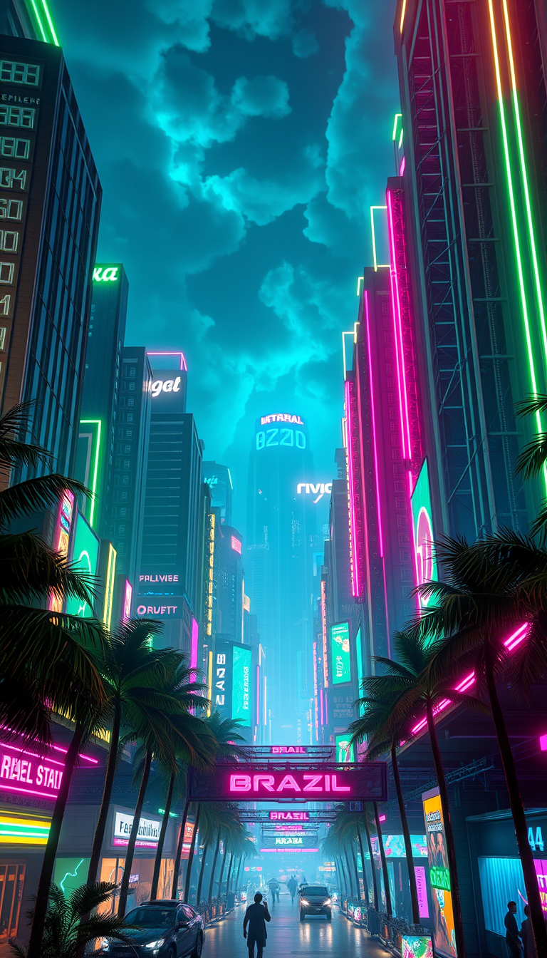 Cyberpunk idea: cyberpunk style, neon lights, futuristic city, Fondo futurista de discoteca inspirado en Brasil, manteniendo la misma composición, profundidad y persp