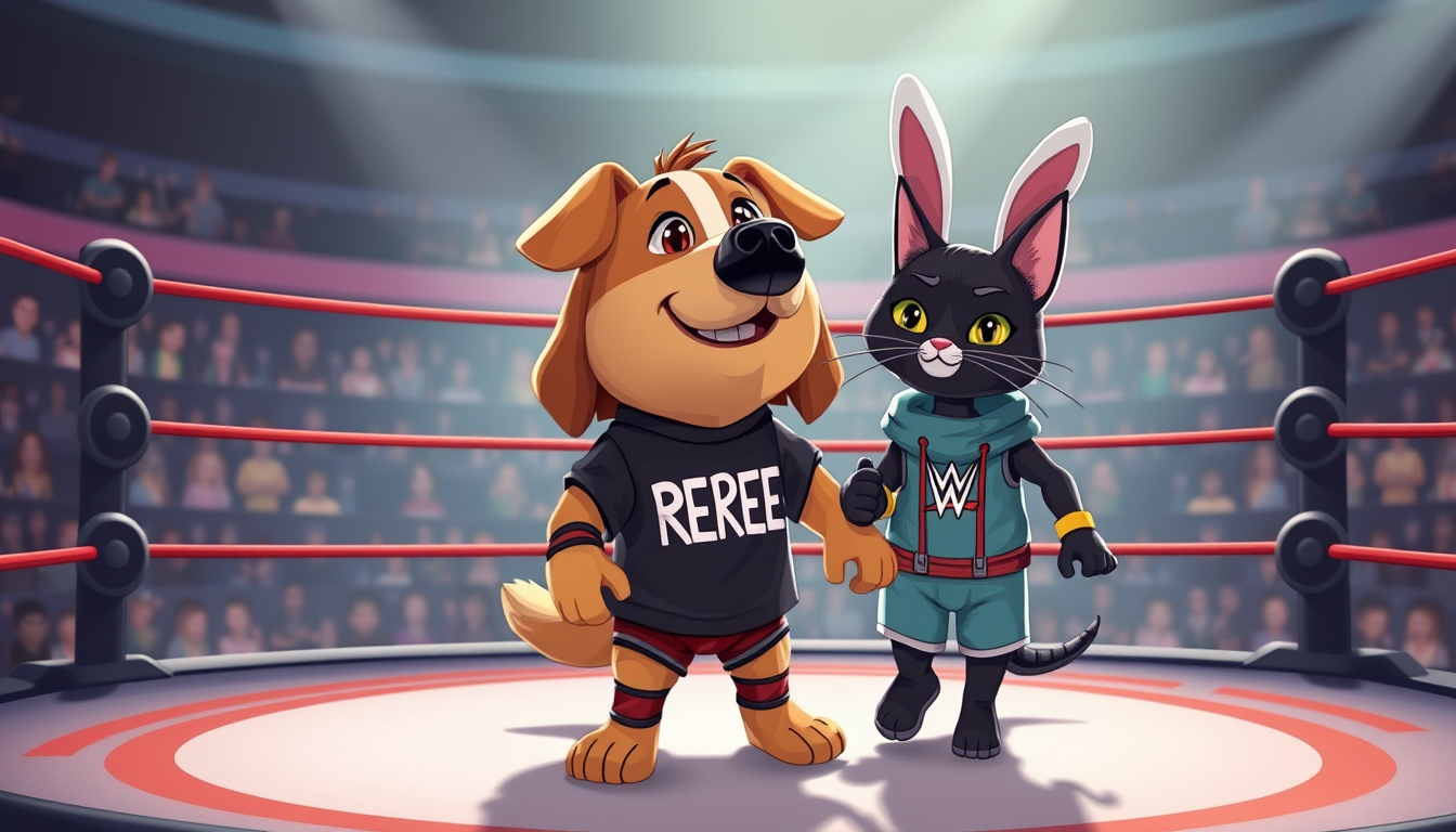 Main art studio: kids cartoon in a wwe ring the refree is a dog wearing a refree t-shirt and the fighters is a walking cute black cat and walking white rabbit wearing