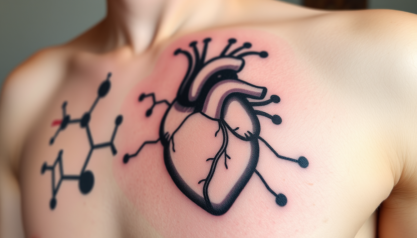 AI Art prompt example created from the prompt: EIn Tattoo für Mediziner Ärtze mit der Molekülstrucktur von ATP im Hintergrund und ein Anatomisches Herz mit EKF linie normaler Sinusrythmus