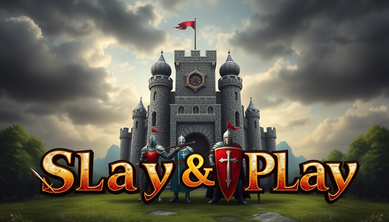 Main art studio: Words "Slay & Play" with 4 knights in front of a castle