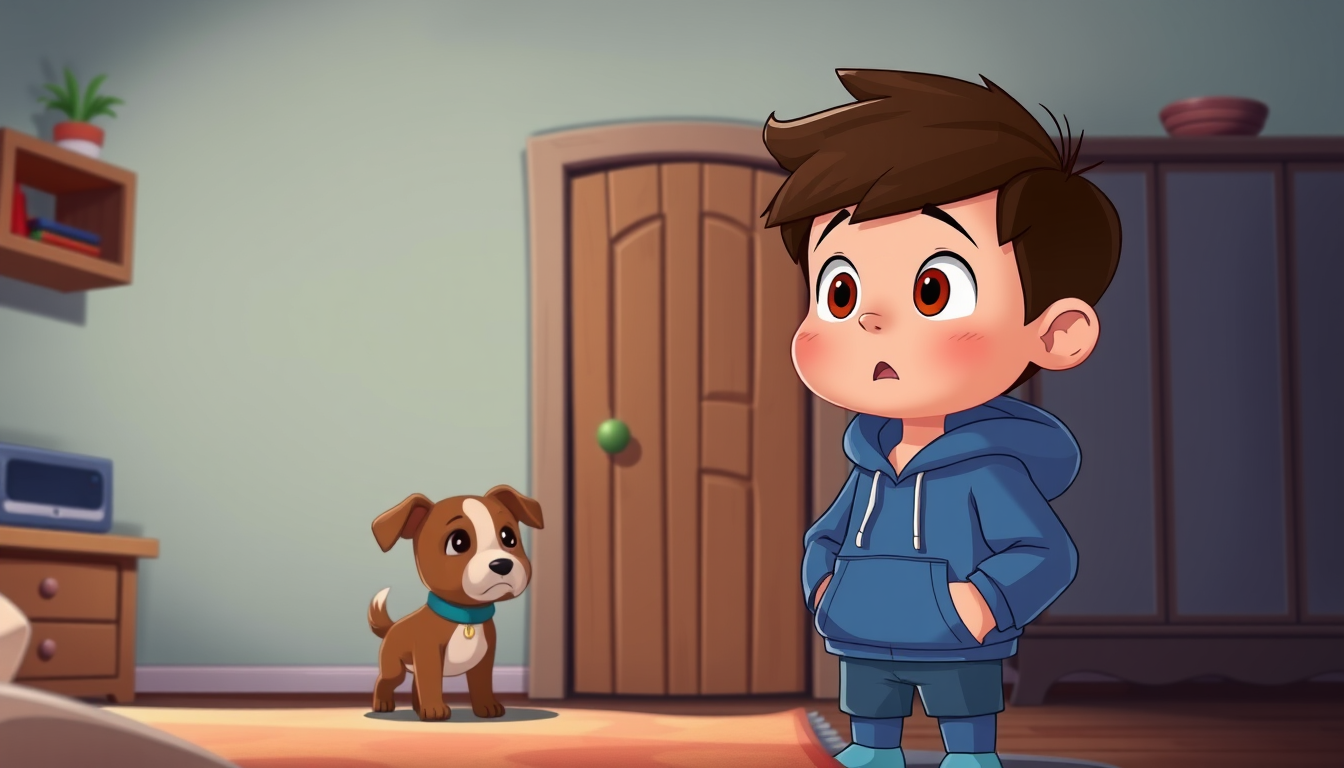 Main art studio: A cute cartoon boy in a blue hoodie standing in his bedroom with a small brown dog. Both are looking at a mysterious wooden door on the wall. The boy