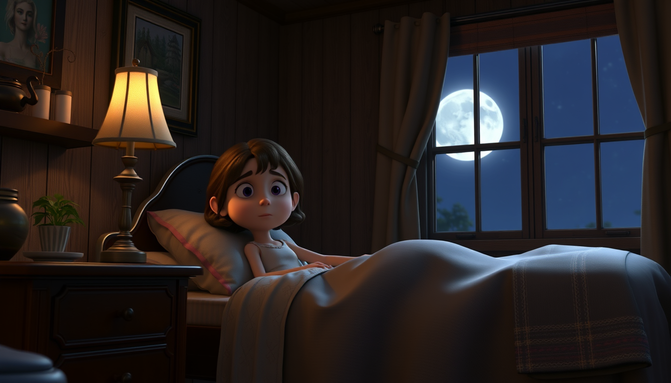 Main art studio: Emma Can’t SleepPrompt:Late night inside Grandma Rose’s old American house, Emma lying awake in a cozy guest bedroom, moonlight coming through the win