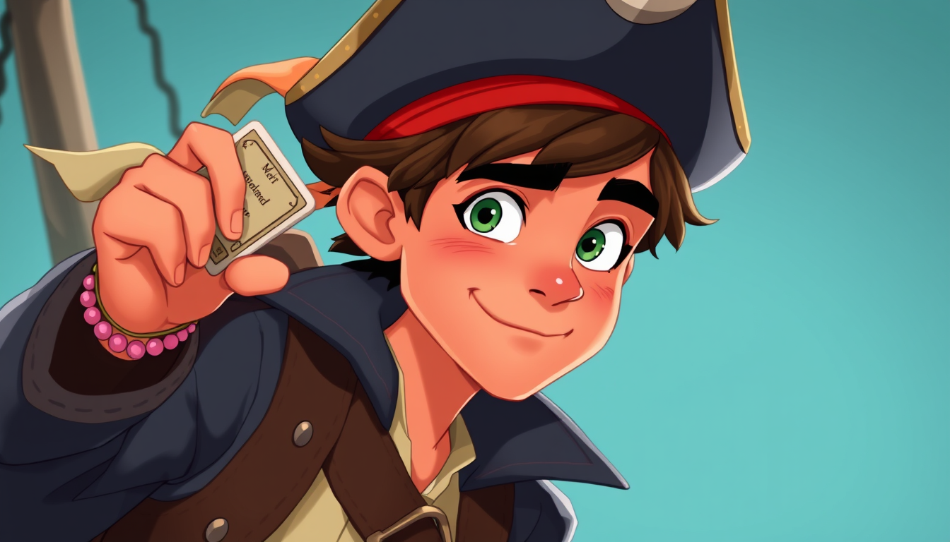 Main art studio: A young male pirate, charming and slightly mischievous, adventurous but warm and kind. He should look like an ordinary young man transformed into a fa