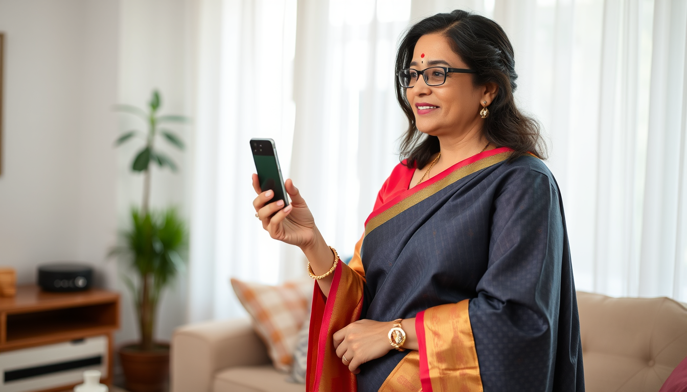 Main art studio: a beautiful middle-aged Indian woman wearing a saree stands in a living room watching a mobile in a relaxed pose