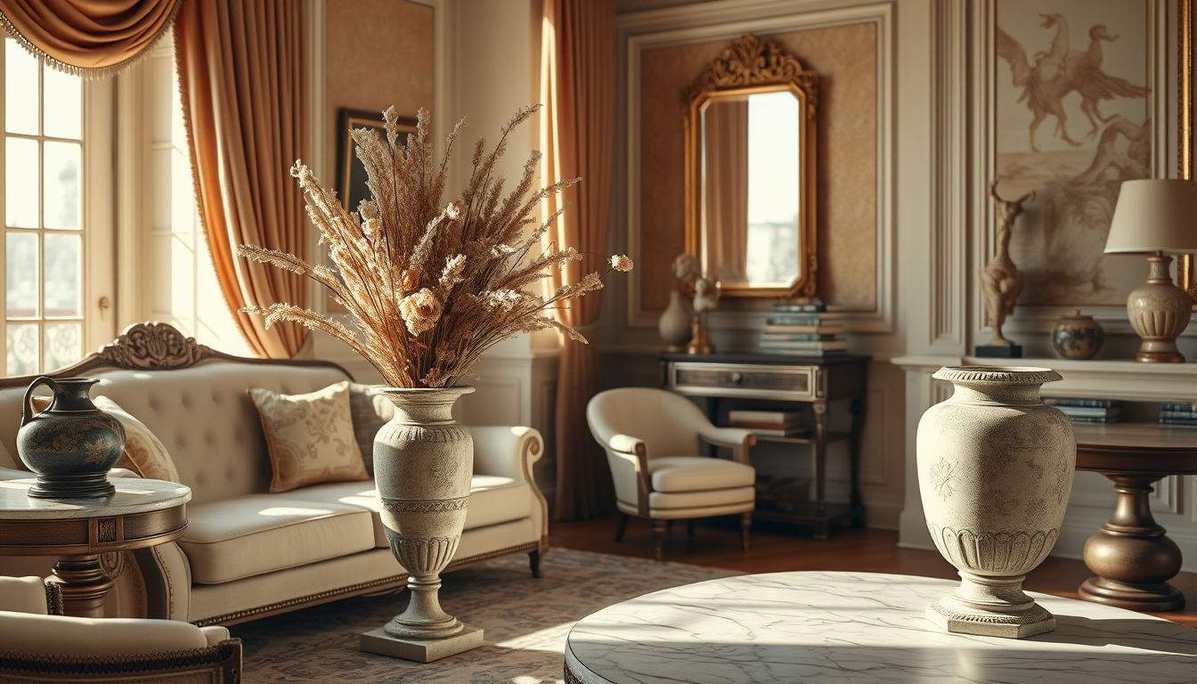 Main art studio: Luxurious lived-in Greco-Roman inspired apartment, elegant aged stone vase with a lush dried flower arrangement as the hero object, surrounded by soph