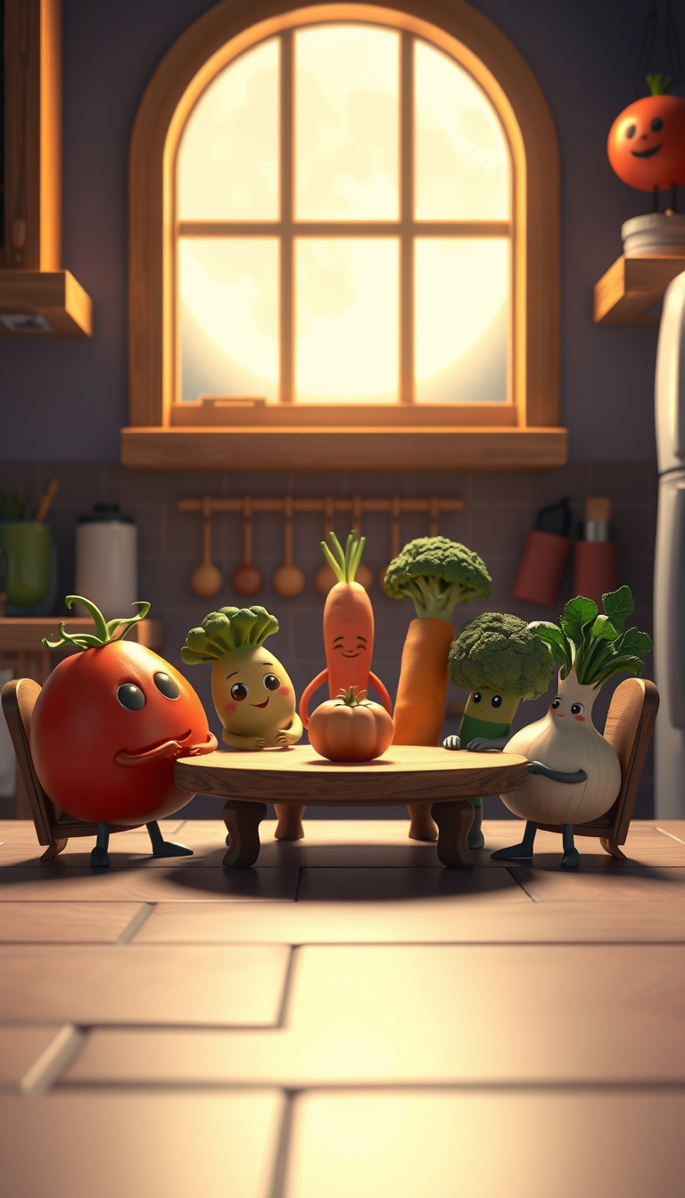 Main art studio: Scene 1 – Secret Kitchen Meeting Prompt: A magical kitchen at night, moonlight shining through the window, cute anthropomorphic tomato, potato, carrot