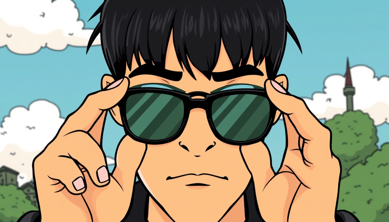 Main art studio: Matrix agent front picture hands in pokets sunglasses belgium ligne claire style cartoon old comic belgium Herge