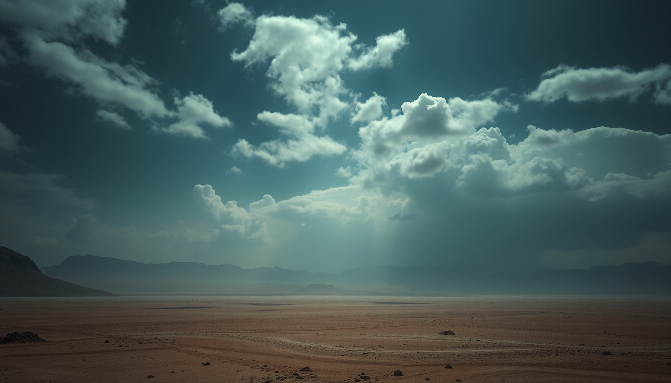Main art studio: vast empty earth before humanity, dark sky, barren landscape, dramatic clouds, cinematic lighting, mysterious atmosphere, ultra realistic, 8K, Islamic