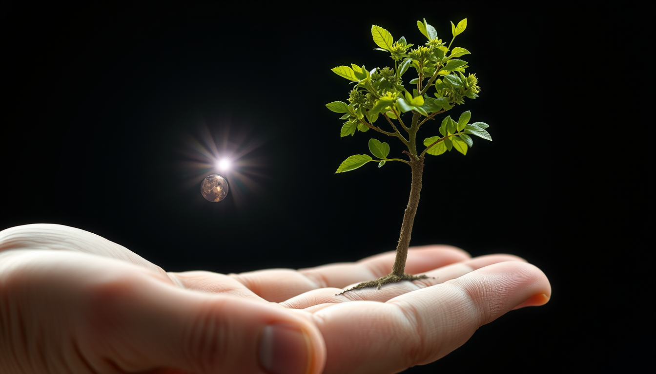 Main art studio: Eine menschliche Hand hält einen kleinen, leuchtenden Samen. Aber aus dem Samen wächst ein Baum und 2 finger werden zu einem binären code