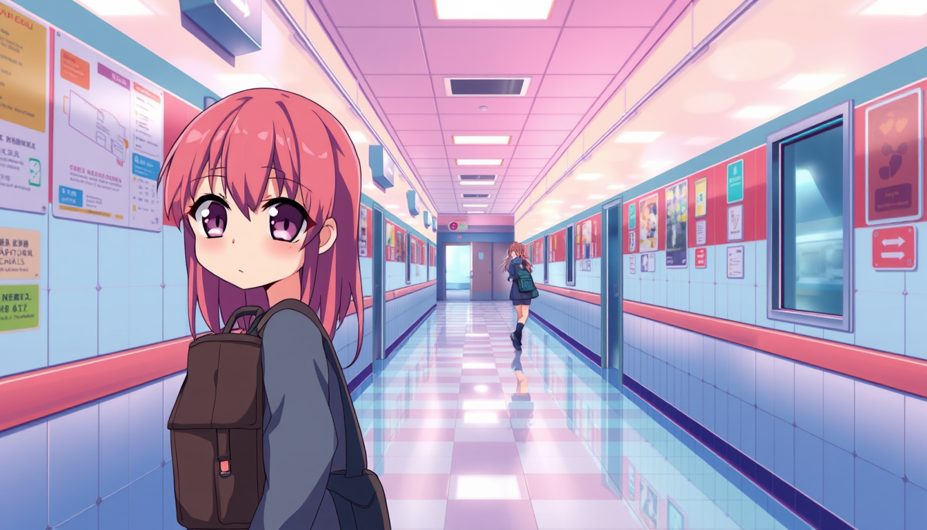 Anime idea: anime style, vibrant colors, expressive eyes, Can u make me a school hallway , detailed anime illustration