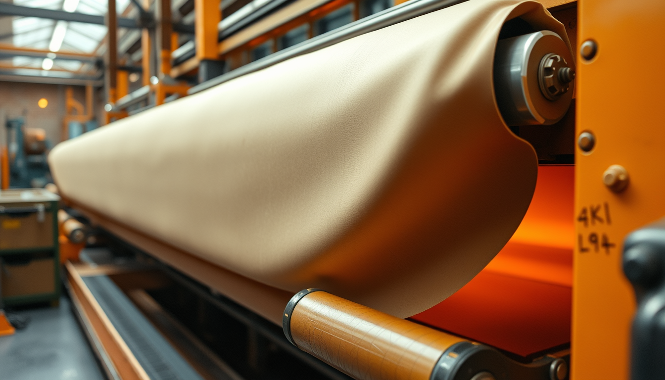 Main art studio: Show PU-coated polyester fabric moving through a long industrial heated drying oven. The material slowly dries and forms a smooth synthetic leather su