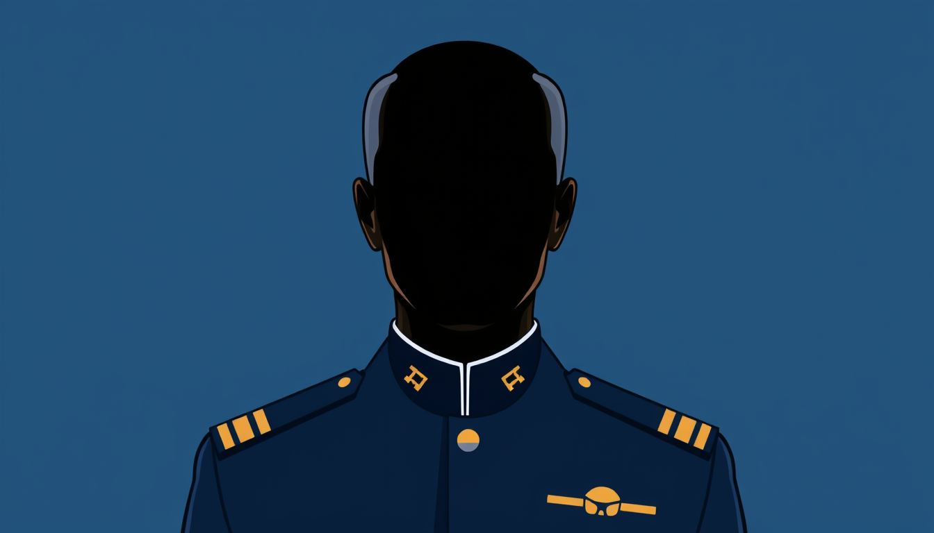 Main art studio: Mysterious symbolic political avatar, faceless blank head silhouette, formal military uniform with a high collar and shoulder insignia, head and shoul