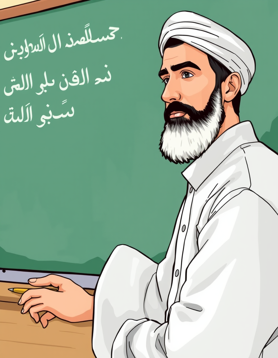 AI Art prompt example created from the prompt: A close-up illustration of a male Iranian teacher teaching at the board; he is dressed in Iranian style, and the scene captures an authentic