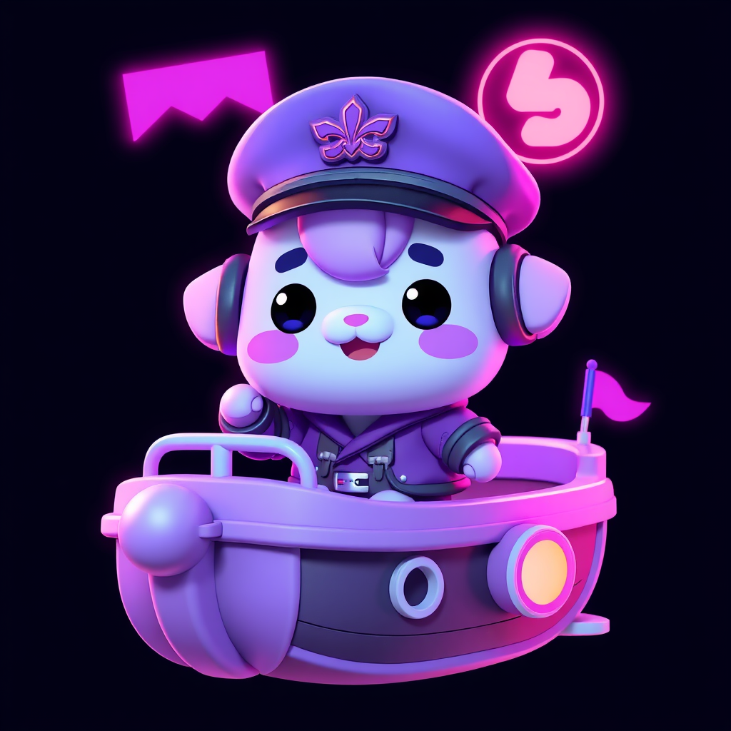 Main art studio: Mochi animated Captain on a ship for discord profile picture A cute 3D animated mochi character designed as a Web3 NFT profile picture, neon purple an