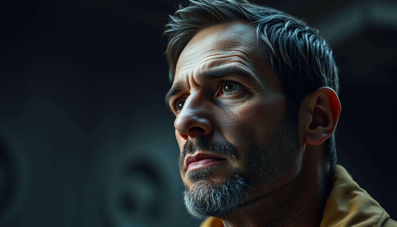 Realistic Images idea: photorealistic generated image, natural materials and skin texture, physically plausible lighting, A man that thinking obout future , coherent depth,