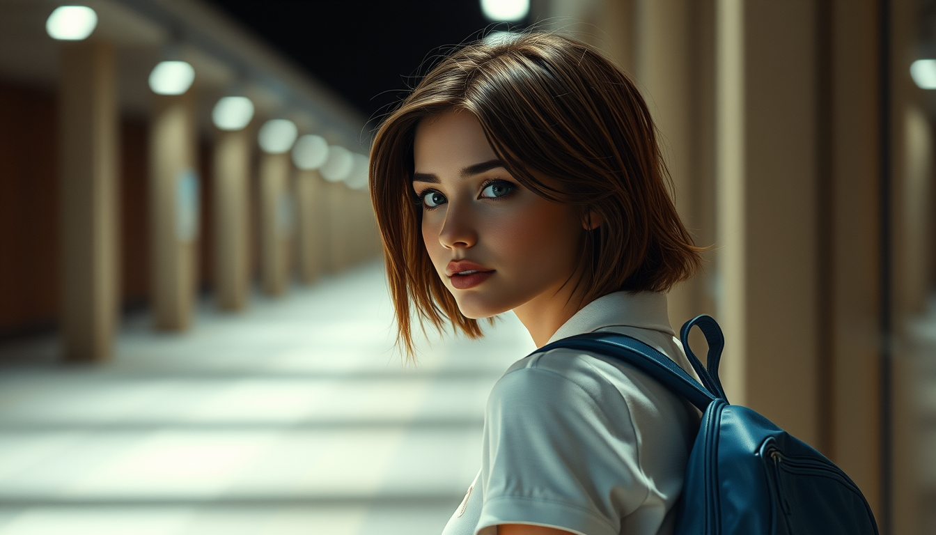 Realistic Images idea: photorealistic generated image, natural materials and skin texture, physically plausible lighting, Cree moi une image dune colegienne avec une coupe c