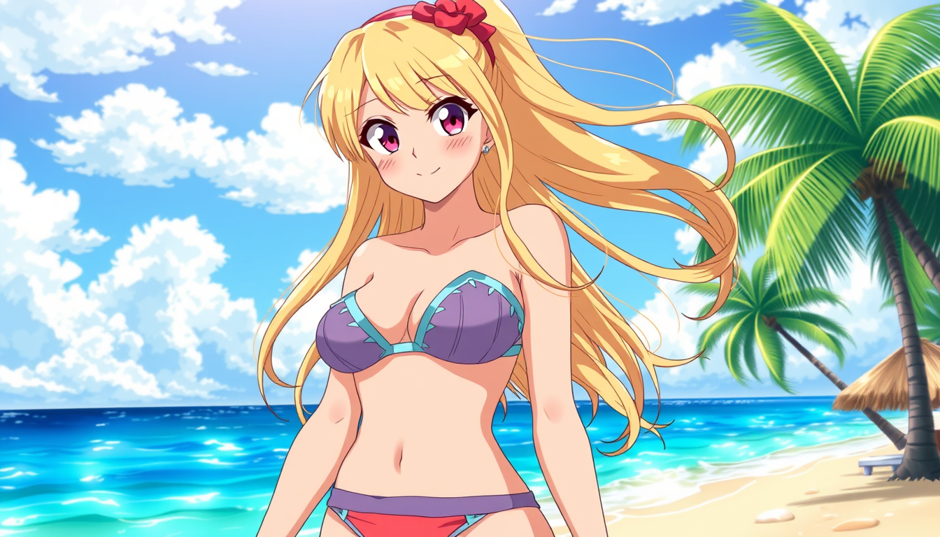 Anime idea: anime style, vibrant colors, expressive eyes, Lucy Heartfilia from Fairy Tail, adult woman, wearing a stylish two-piece bikini, standing confidently o