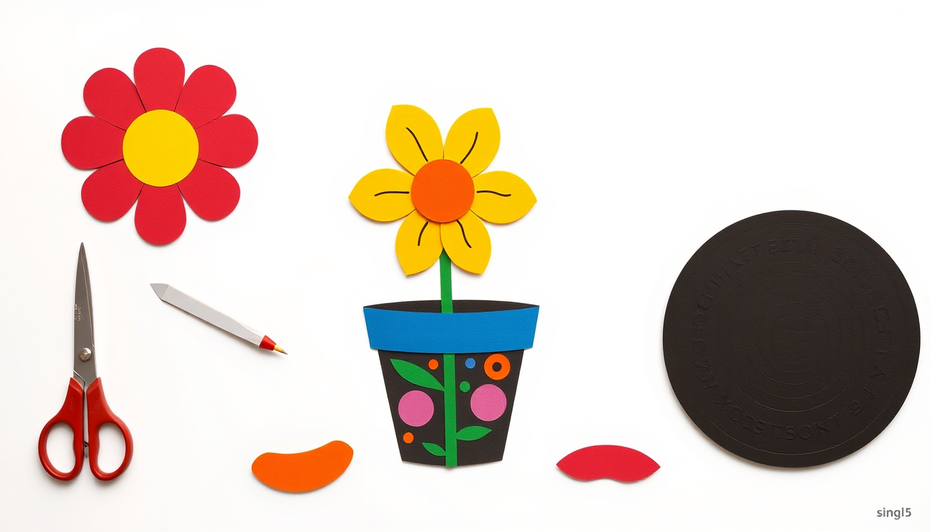 Main art studio: make a flower pot, stem, flower and petals in the style of 1969 woodstock poster