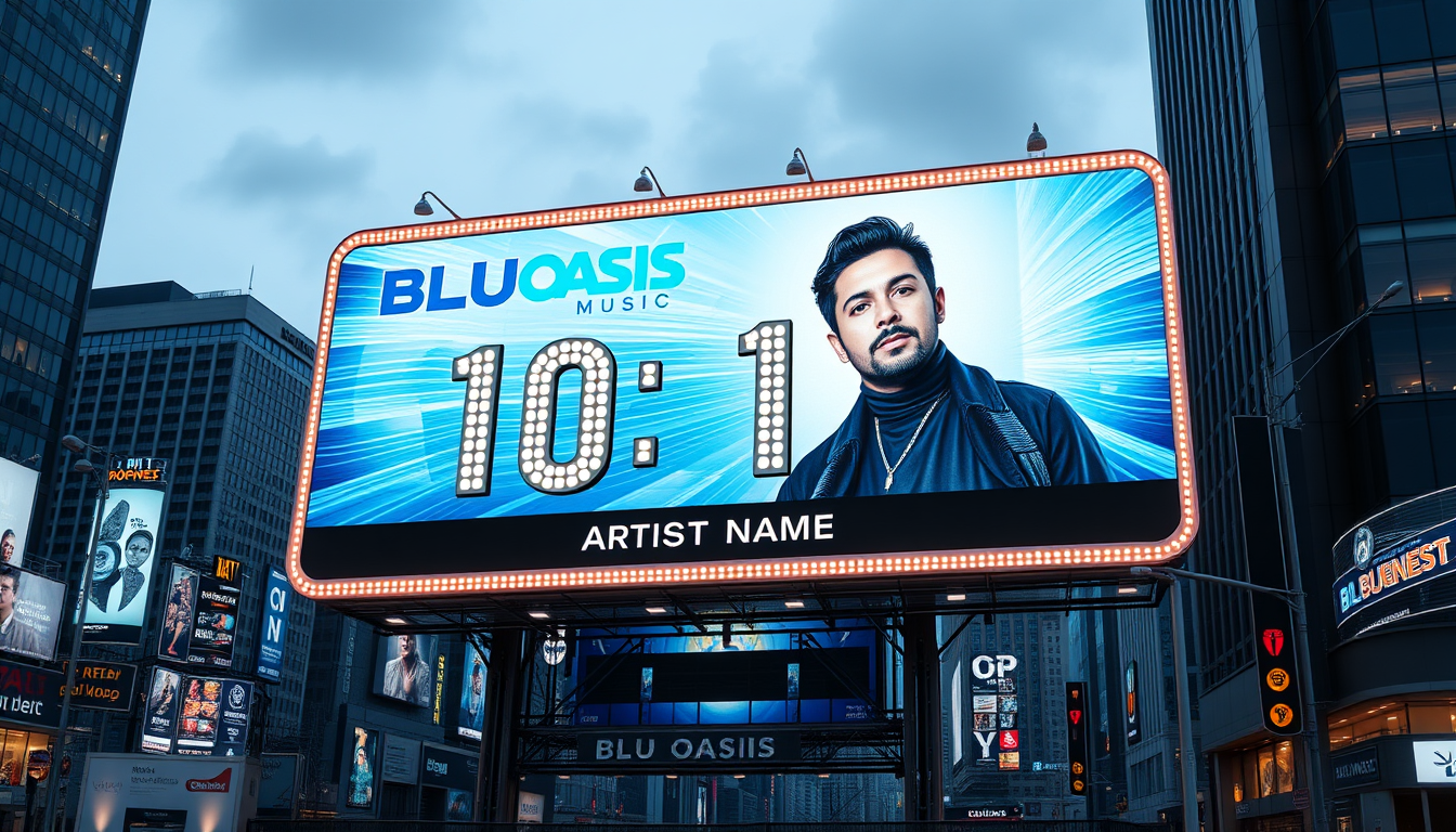 Main art studio: Create a realistic, high-end BLU OASIS MUSIC COUNTDOWN billboard, styled like a real major-city entertainment billboard. Use a sleek blue, aqua, white