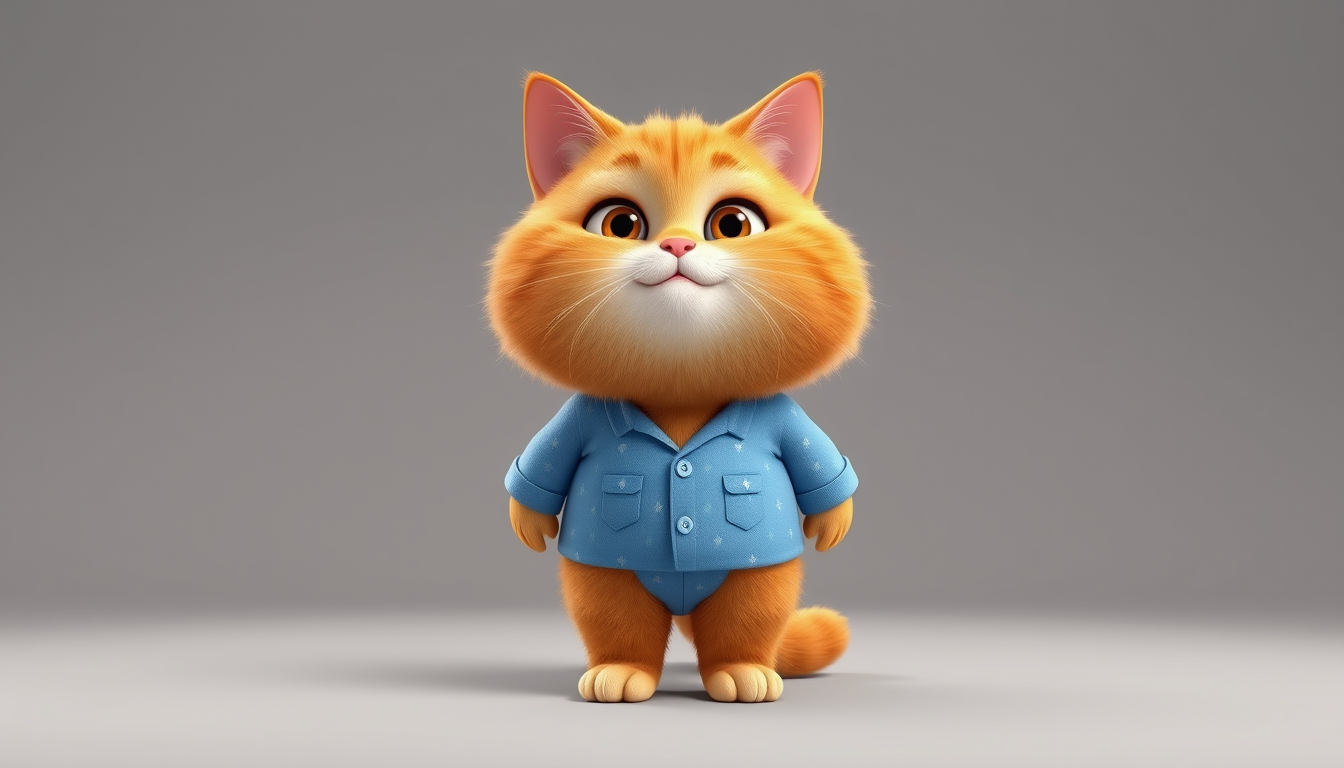 Main art studio: Full body character design of a cute chubby orange tabby cat standing upright like a human, wearing blue pajamas with tiny white stars, round cheeks,