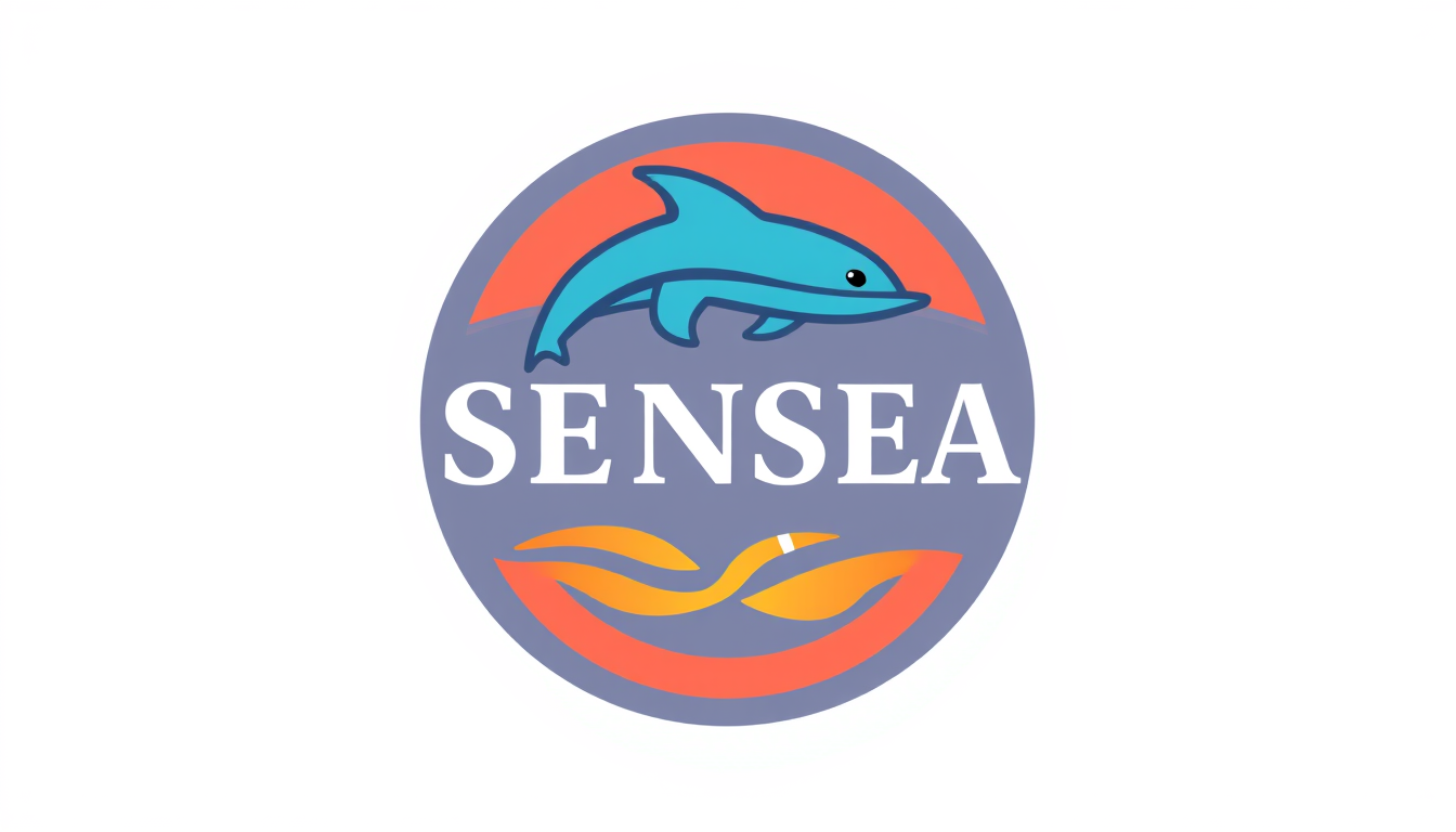 Logo idea: logo design, clean minimal mark, bold simple shapes, balanced composition, cree un ecusson rond et coloré avec ecrit SENSEA 2 cétacés type baleine ou 