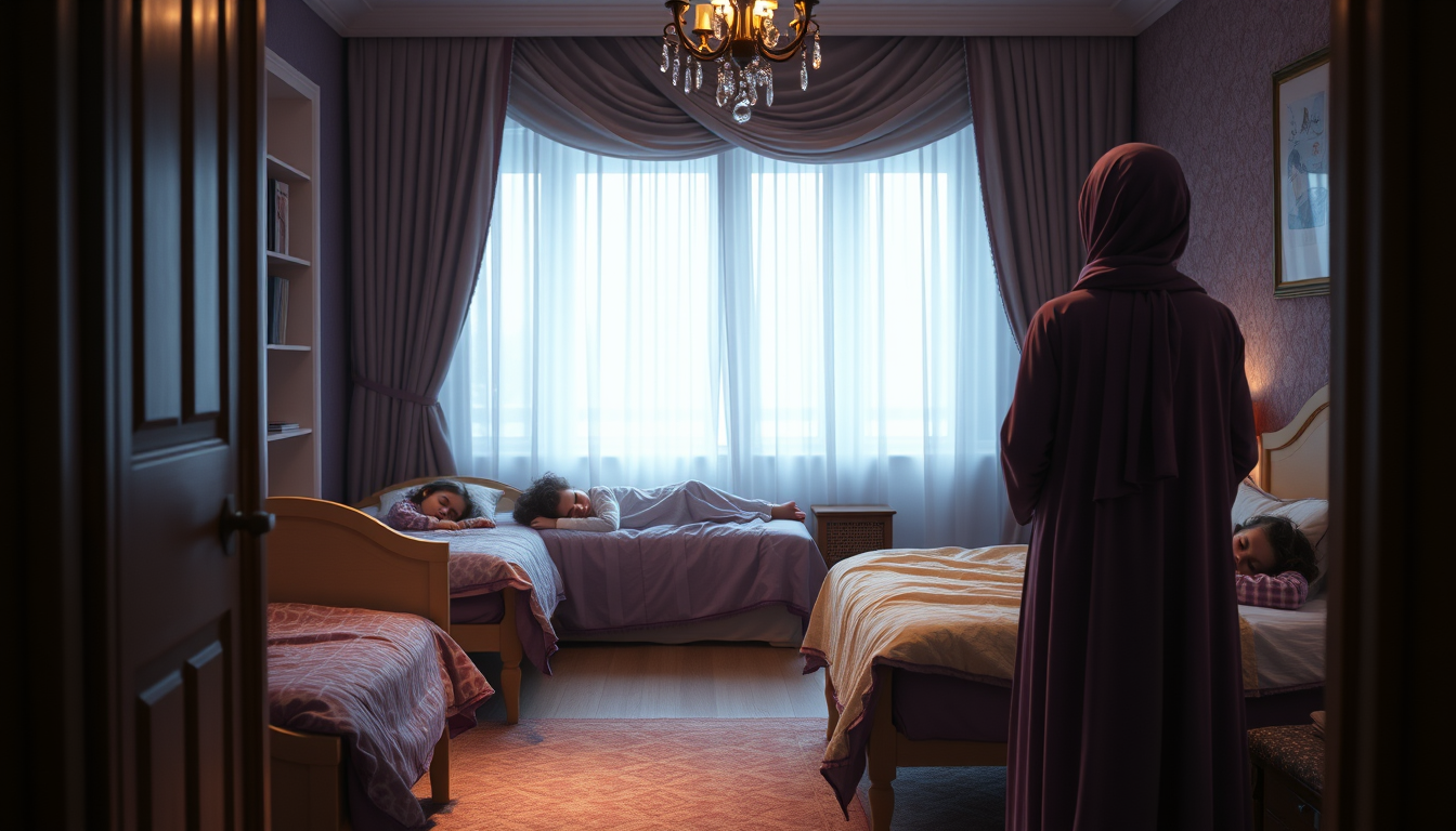 Main art studio: Photorealistic cinematic night scene, viewed from the hallway into a beautiful children's bedroom. Exactly 3 separate beds, each with one 4-year-old g