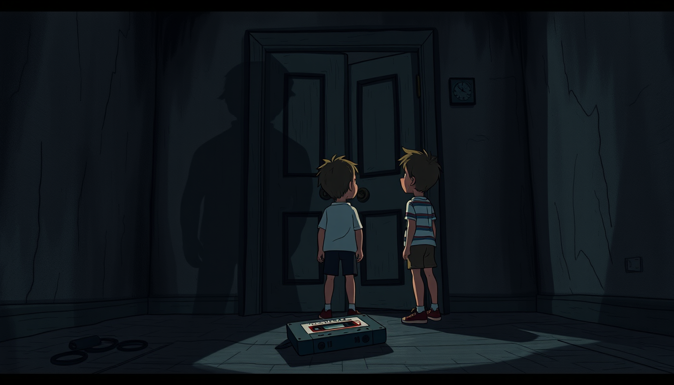 Main art studio: Same Samir and younger brother, 2D dark horror cartoon, cinematic horror, vertical 9:16. The old abandoned room door has suddenly slammed shut by itse