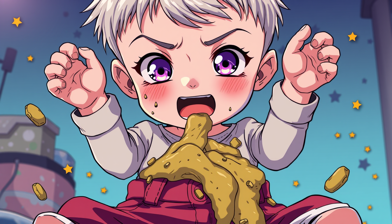 Anime idea: anime style, vibrant colors, expressive eyes, Toddlerboy, turd all over his face and hands, eating turd from messy pants , detailed anime illustration