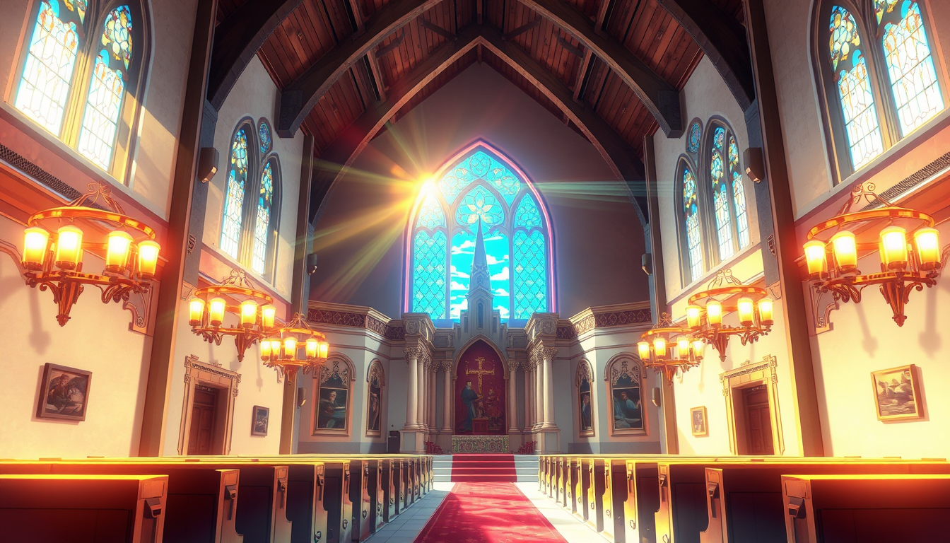 Anime idea: anime style, vibrant colors, expressive eyes, Inside Holy Church where sunshine in , detailed anime illustration