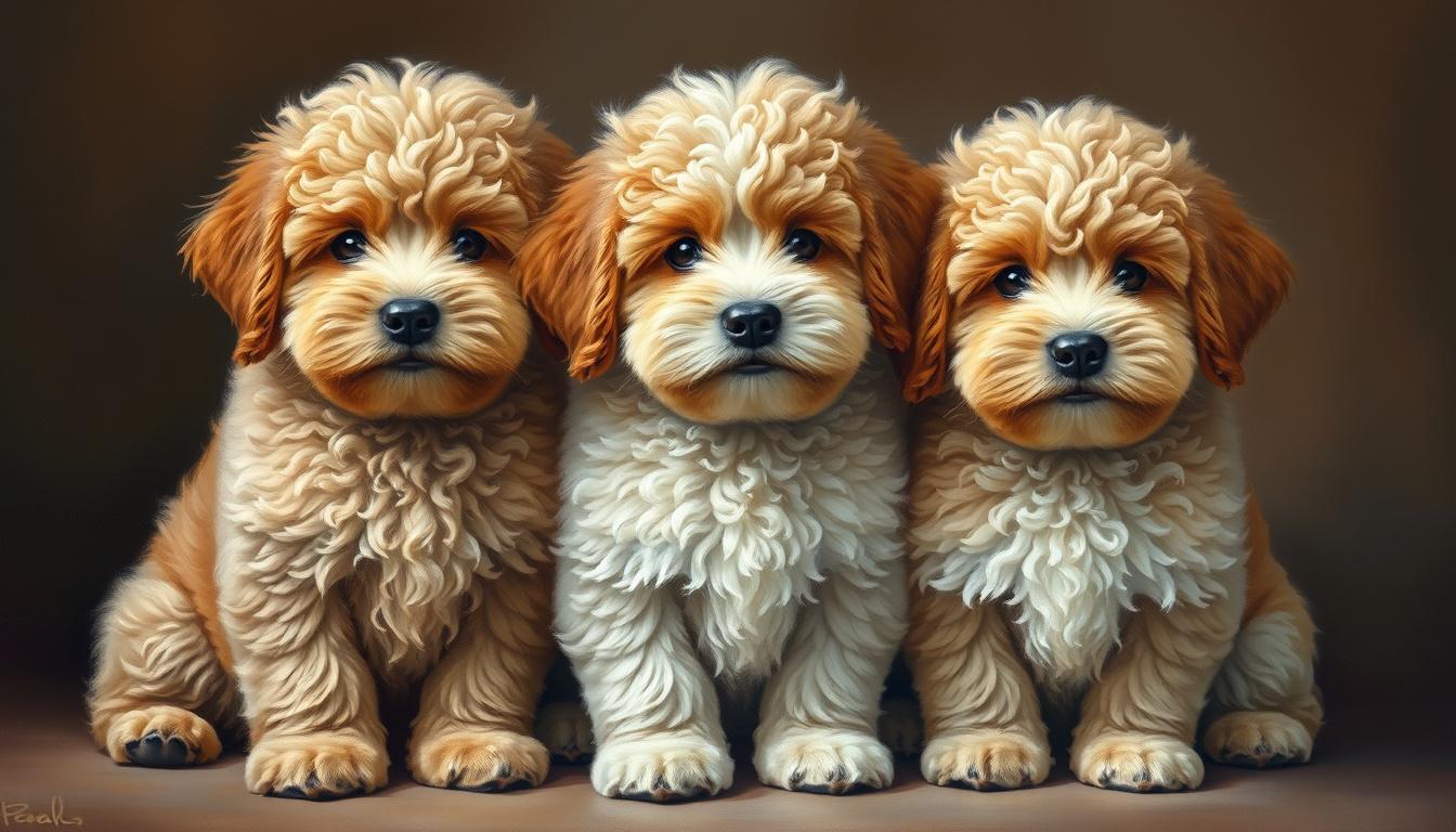 Main art studio: A heartwarming oil painting of three fluffy dogs sitting closely together like a family portrait. Soft curly golden-brown, cream, and white fur, expre