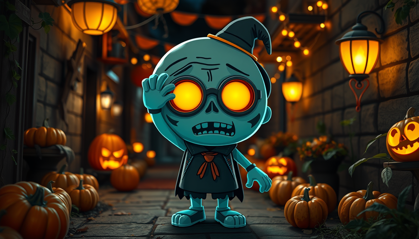 Main art studio: Coiny de BFDI. Conservando sus lentes oscuros. Con un disfraz de momia (no zombi ni vampiro). En una calle decorada para Halloween. Con ambiente noctu