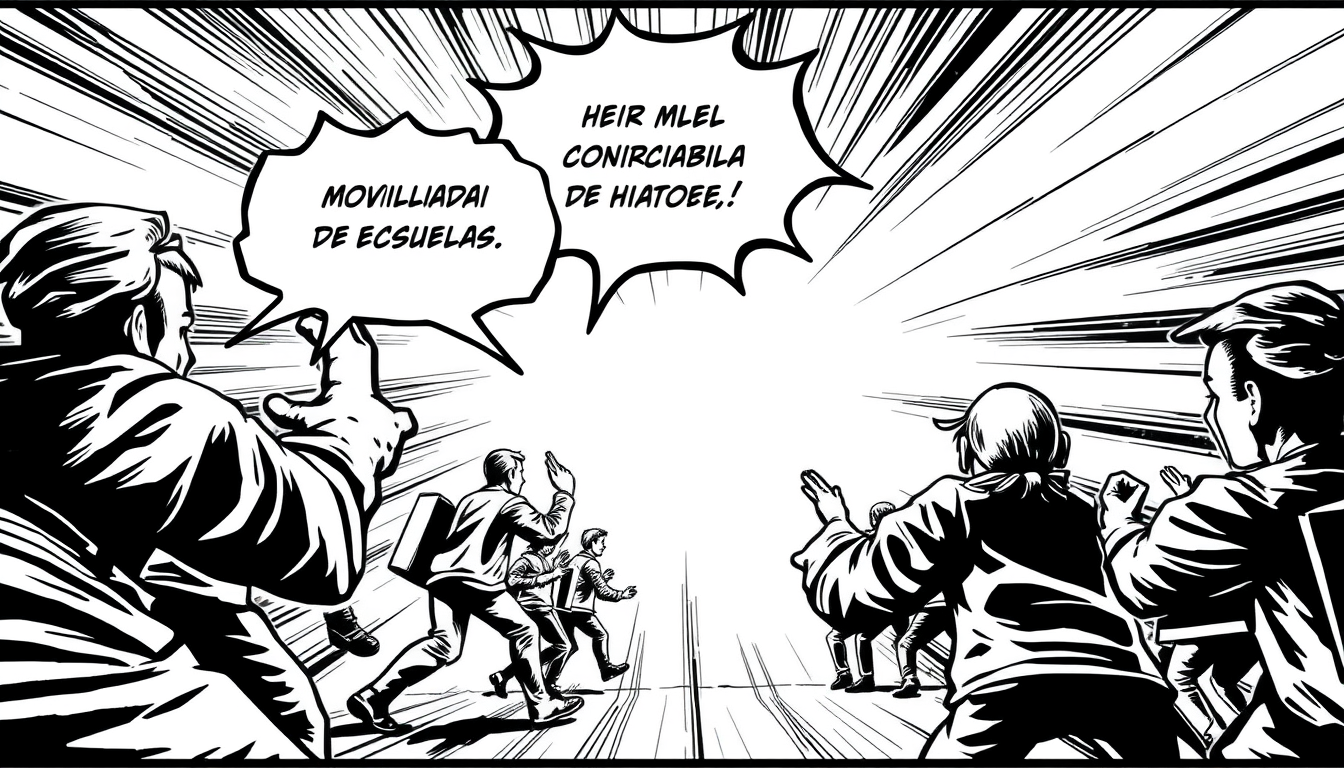Comic idea: comic panel, bold inks, halftone shading, speech-bubble ready composition, crea unja historieta sobre el mal uso del moviliario en escuelas basandote