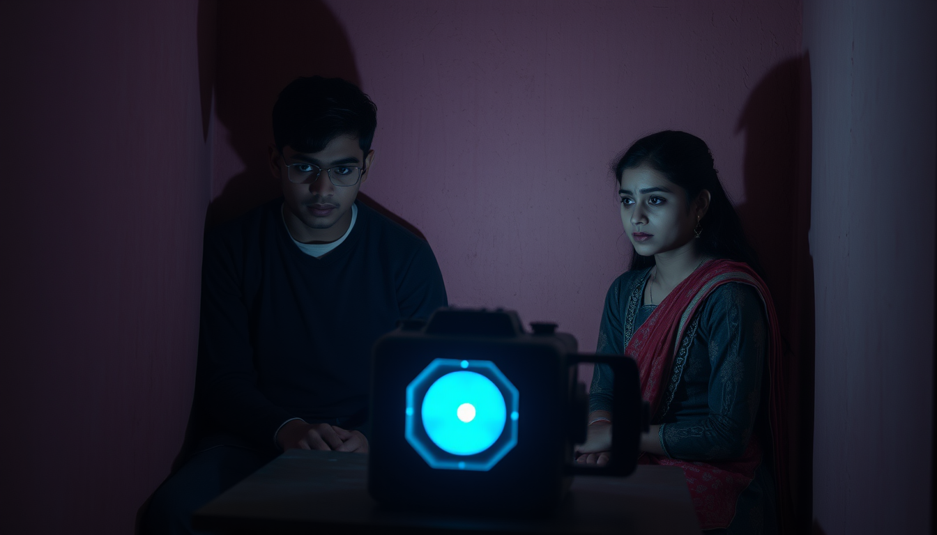 Main art studio: Cinematic Pakistani drama scene, a 16-year-old boy and a 15-year-old girl sitting secretly in a small room at night, both looking at a strange glowing