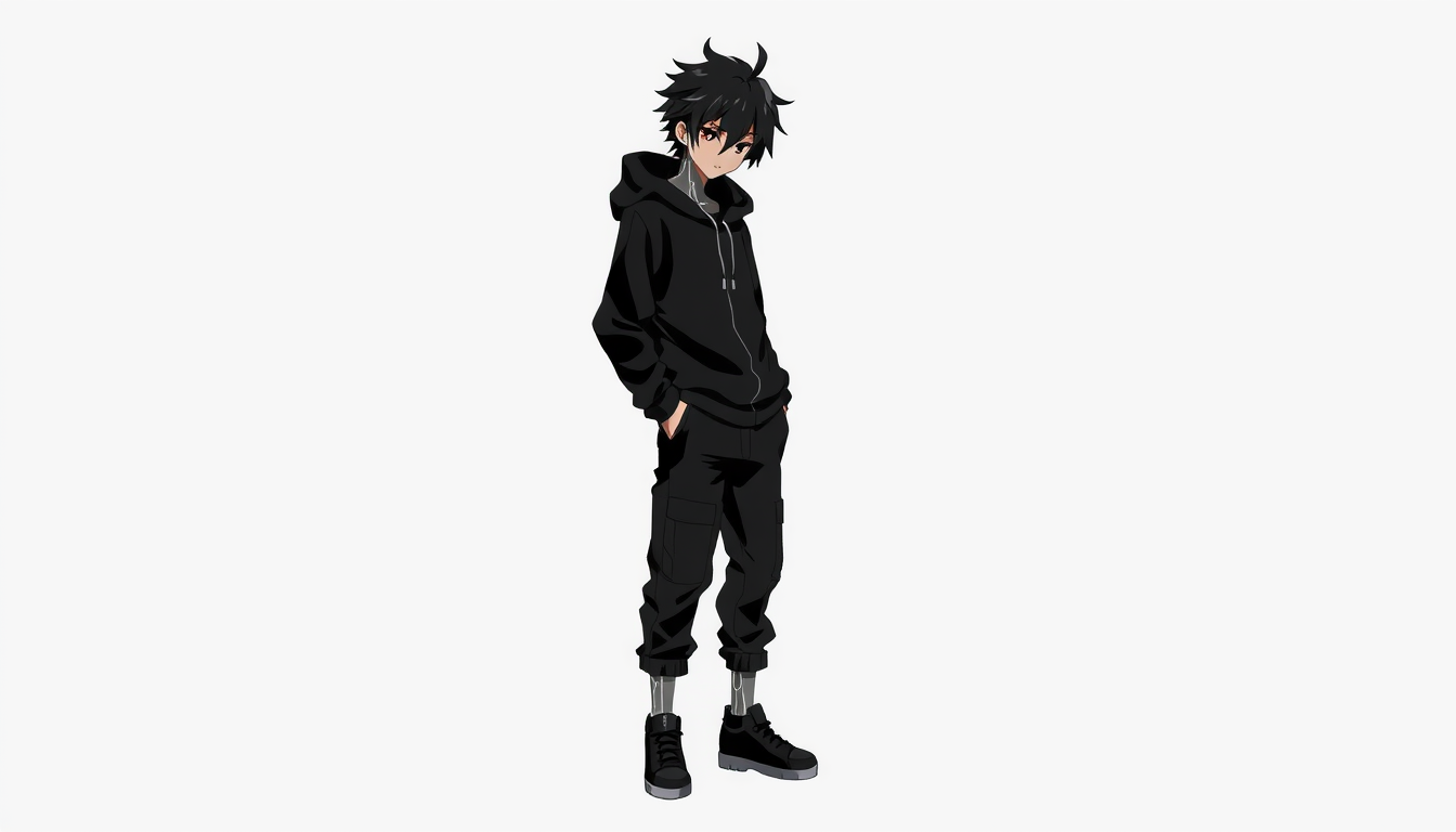 Main art studio: Original anime character KAIRO, full body, completely black shadow-like body, black casual hoodie, black cargo pants, black sneakers, subtle glowing w