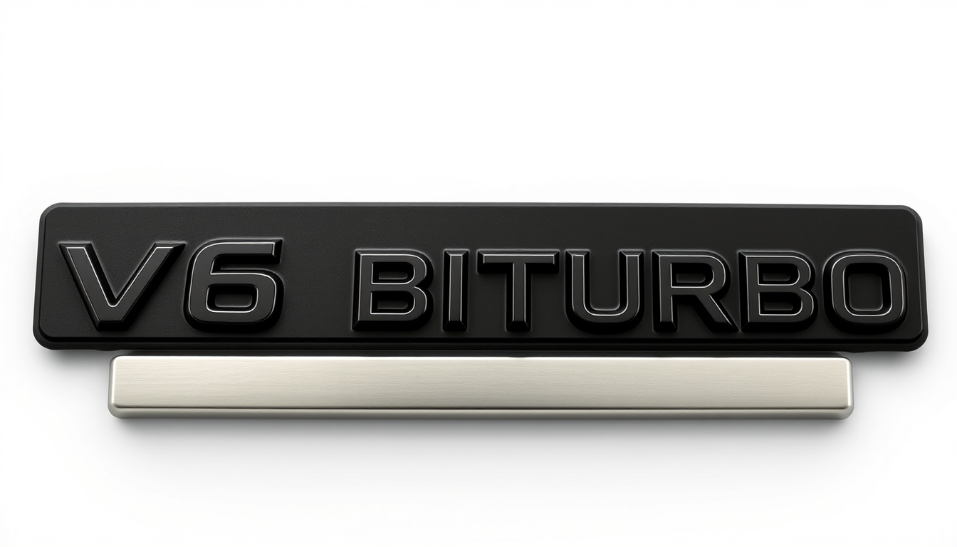 Main art studio: A clean professional badge design mockup, showing the text "V6 BITURBO" as a premium OEM-style design. Total badge width approximately 110 mm, "V6" mu
