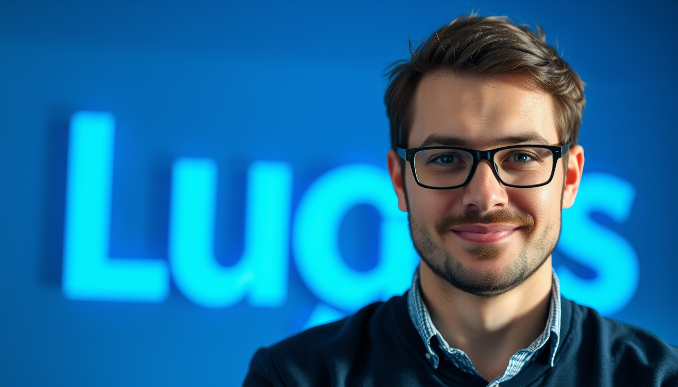Main art studio: Image avec un employé de l'entreprise "Lugos" (couleur bleu foncé pour le mot Lugos) qui doit se transformer de "Expert technique" à "Partenaire métie