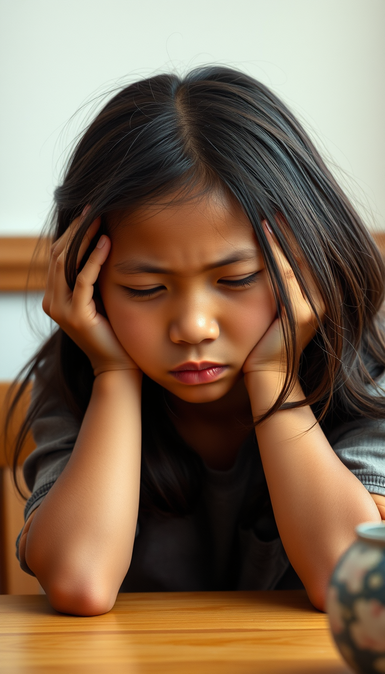 Main art studio: tanned asian 14 year old with girl dark brown hair sitting at a table with eyes closed head tilted down very angry wrinkling face of many tiny wrinkle