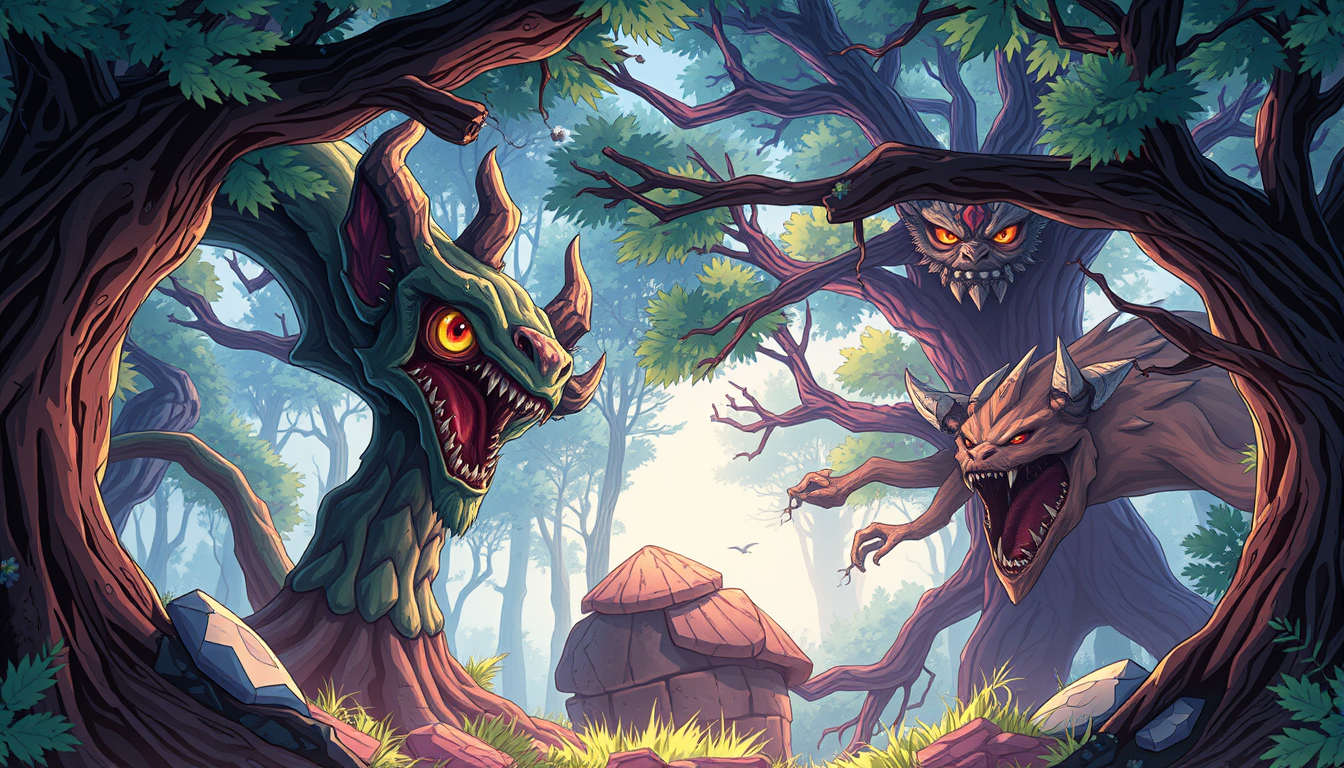 Anime idea created from the prompt: anime style, vibrant colors, expressive eyes, je veux une foret hostile et dangereuse avec des arbres etranges et des monstres accroches a l
