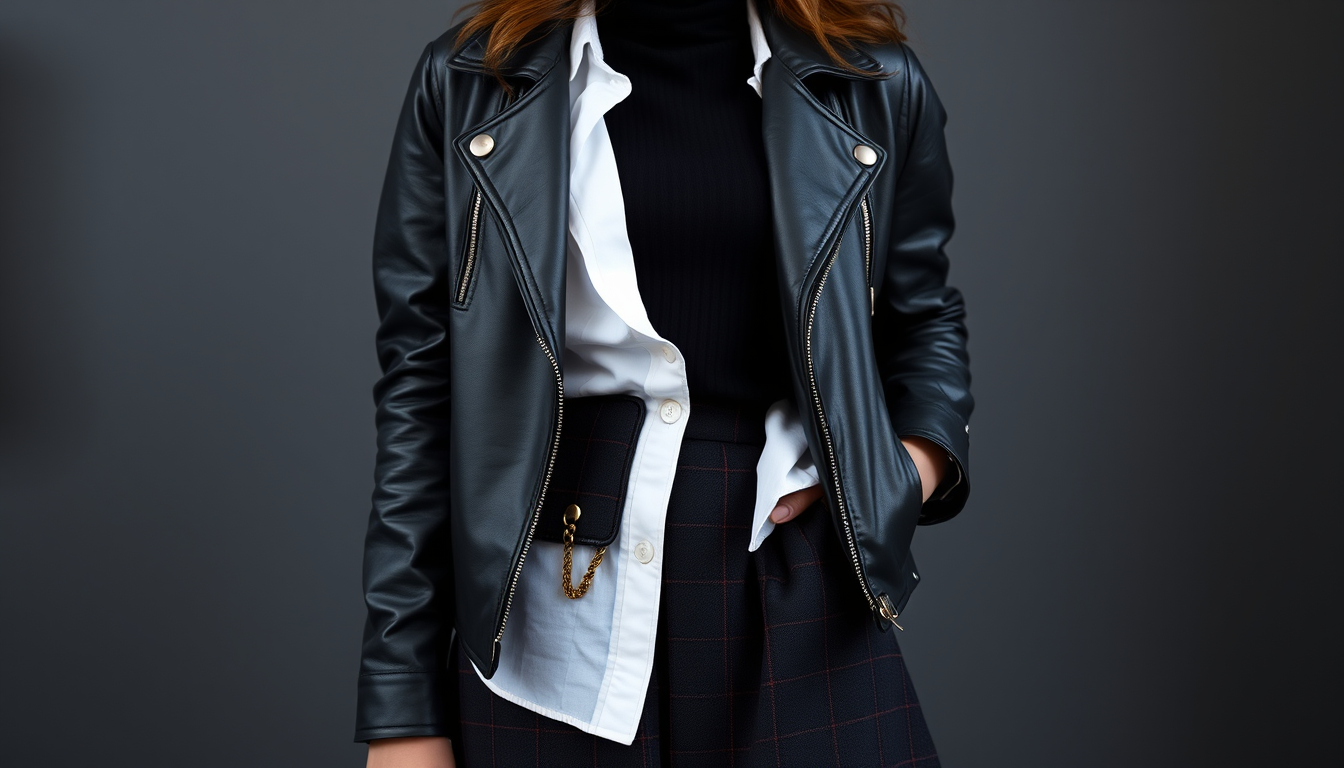 Main art studio: Create an image for a woman who is short and heavy, she is 1.64 cm tall and weighs 68 kg. Use the black turtleneck combined with the black plaid skirt