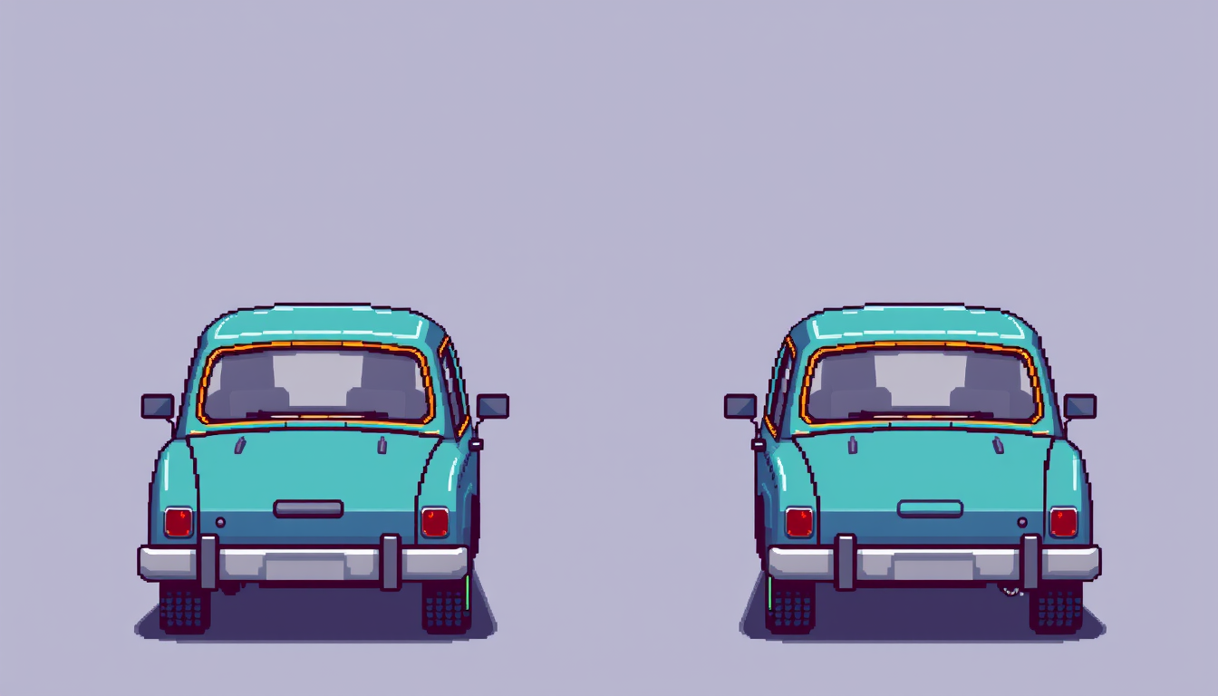 Pixel Art idea: pixel art, 32x32 sprite scale, limited palette, retro 16-bit game art, tileset de auto estacionado, pixelado, visto 3/4 desde arriba y un poco el late