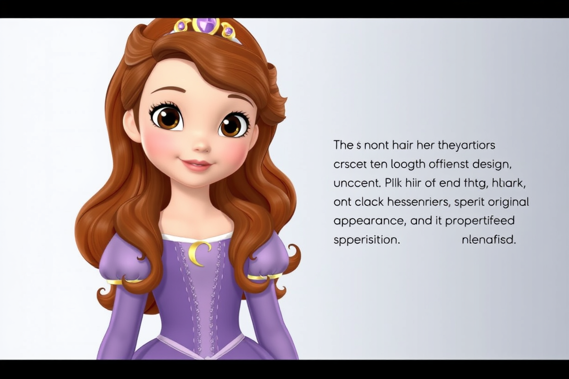 Main art studio: Keep Sofia the First's original character design unchanged. Correct her hair to her **characteristic long, wavy auburn/reddish-brown hair**. Do not us