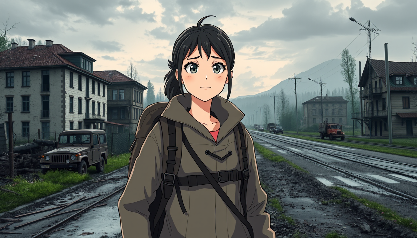 Main art studio: Eine 18-jährige erwachsene Anime-Frau als mutige Wanderin auf einer langen Reise durch eine zerstörte, ehemalige Kriegsregion. Sie trägt robuste Wande