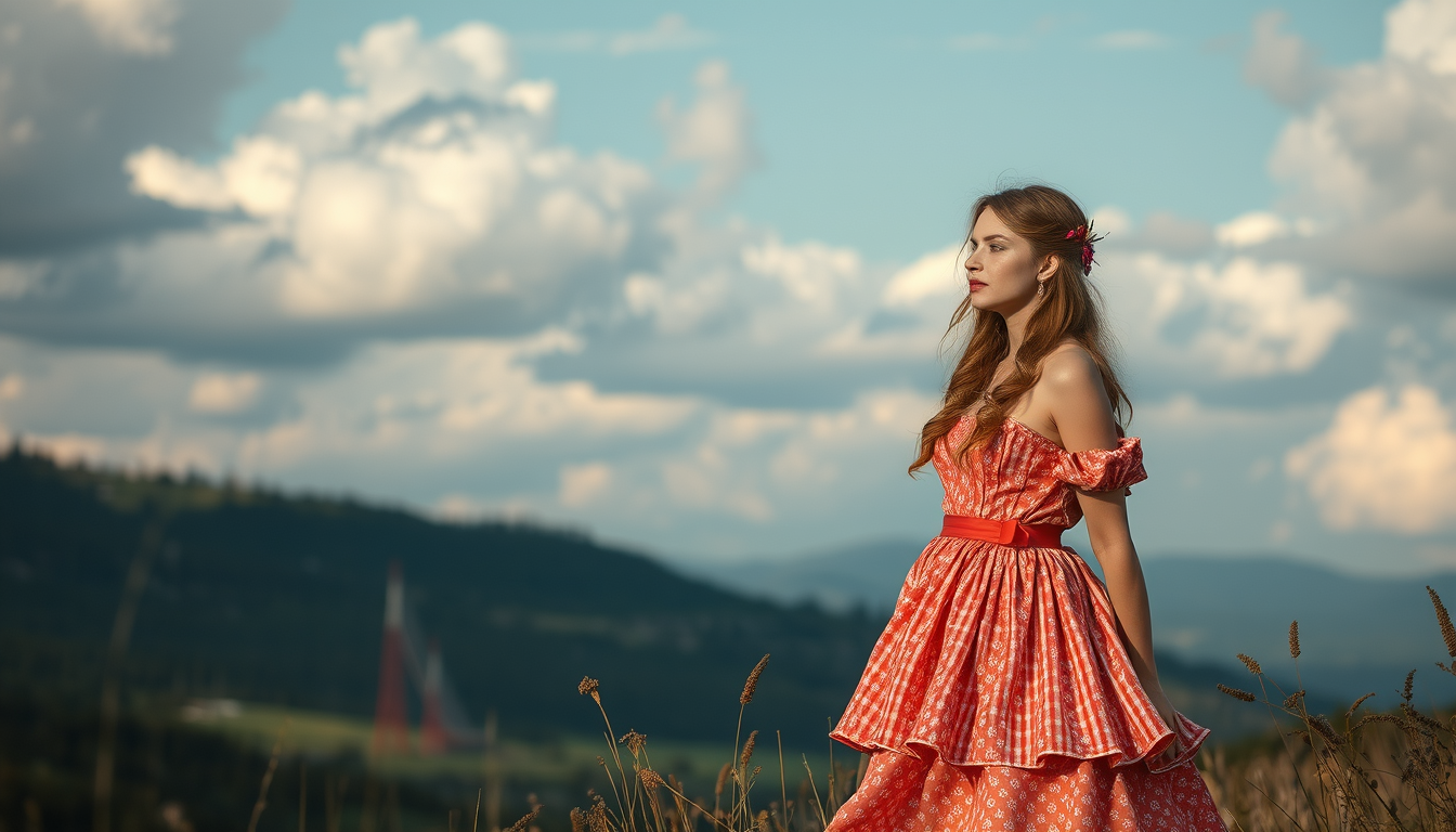 Main art studio: nutze das bild und erstelle noch eine junge frau in einem schleierartigem kleid in die landschaft