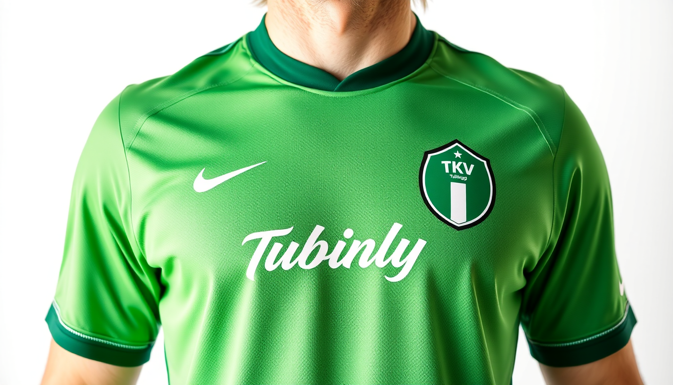 Main art studio: Erstelle ein Trikot von einem Tischkickerverein in grünen Farbtönen links auf der Brust ein Logo mit TKV Tübingen rechts ein Nikezeichen und zentral e