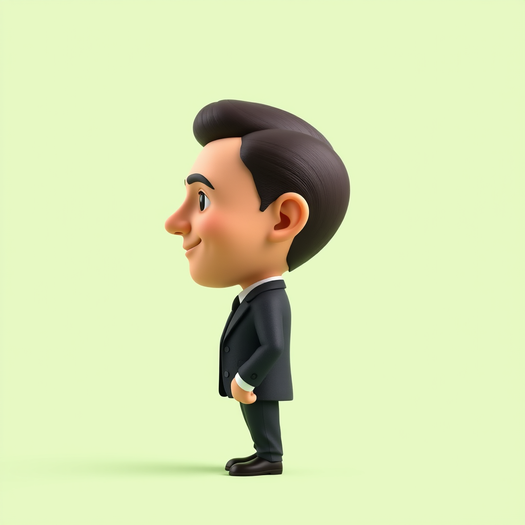 Main art studio: Realistic oversized-head collectible mascot, based on an adult man in right-facing profile: fair warm skin, dark brown hair combed straight back, broa