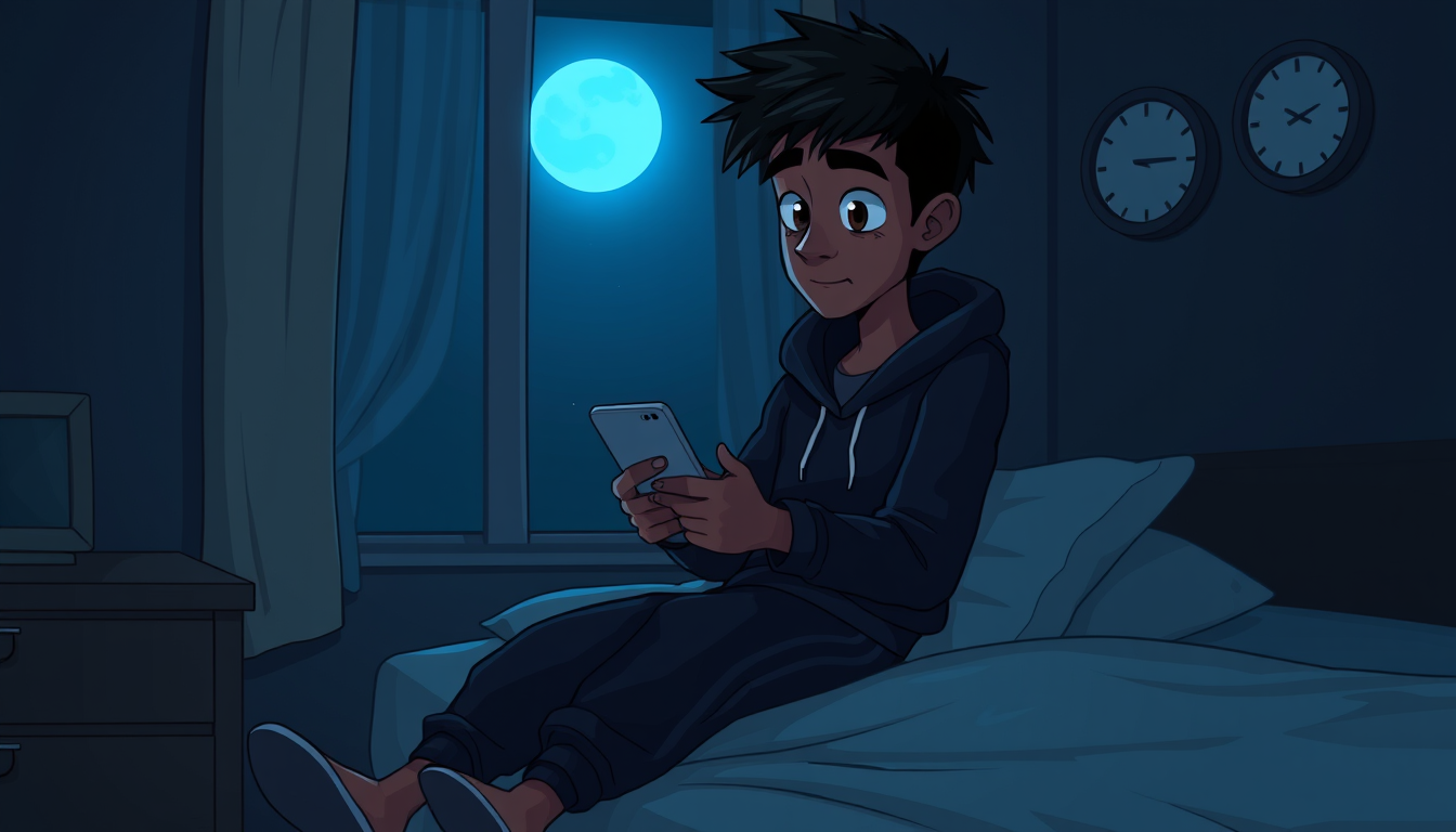 Main art studio: 2D dark horror cartoon, cinematic night atmosphere, vertical 9:16. Samir, a slim 20-year-old Indian young man with medium brown skin, messy short blac