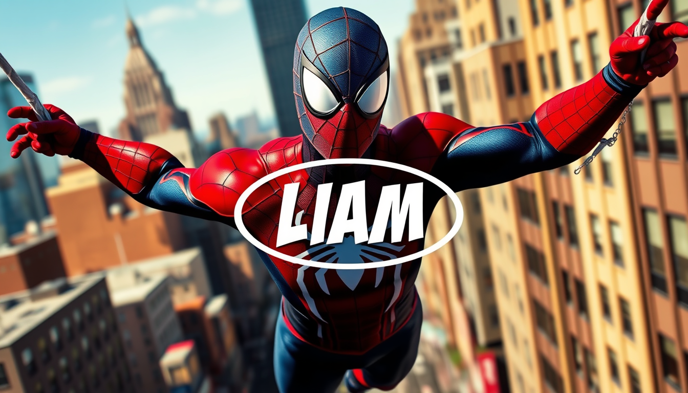 Main art studio: "A superhero in a red-and-blue skintight bodysuit with a web pattern, swinging through New York City. He has large white expressive eyes on his mask.