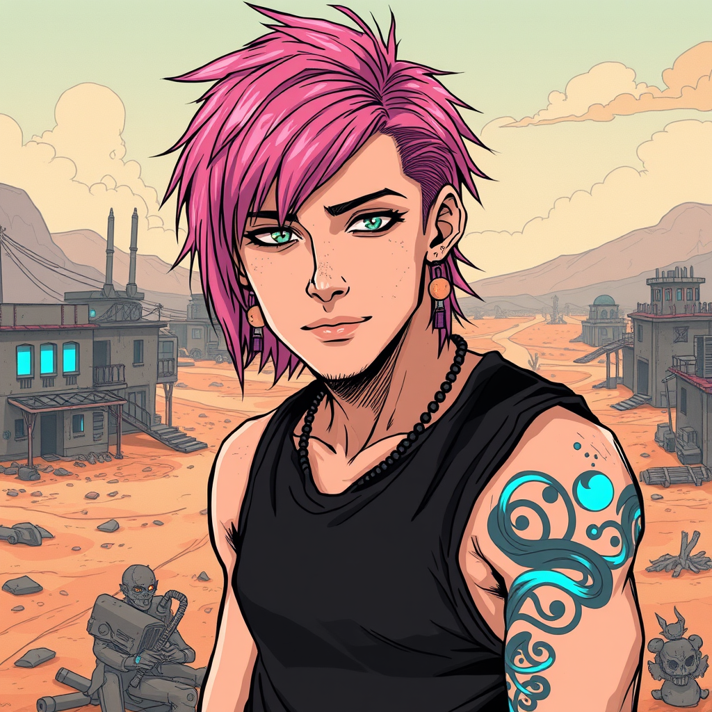 Main art studio: a grungy illustrated portrait of a pretty guy with shaggy shoulder-length pink hair in an asymmetrical cut, and fair skin. he wears a black tank top a
