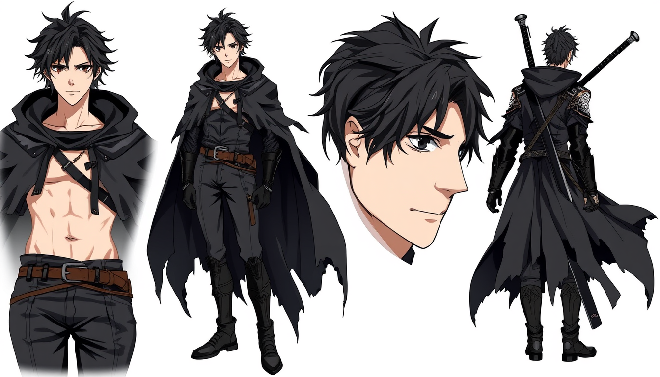AI Art prompt example created from the prompt: masterpiece, best quality, dark fantasy anime, full body male, 17 years old, 5'10", lean athletic build, fair skin, messy medium wavy black